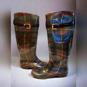 Lauren By Ralph Lauren Rossalyn Plaid Knee High Rubber Rain Boots 7B In Green